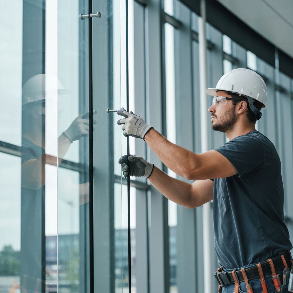 Professional glass installation team at work